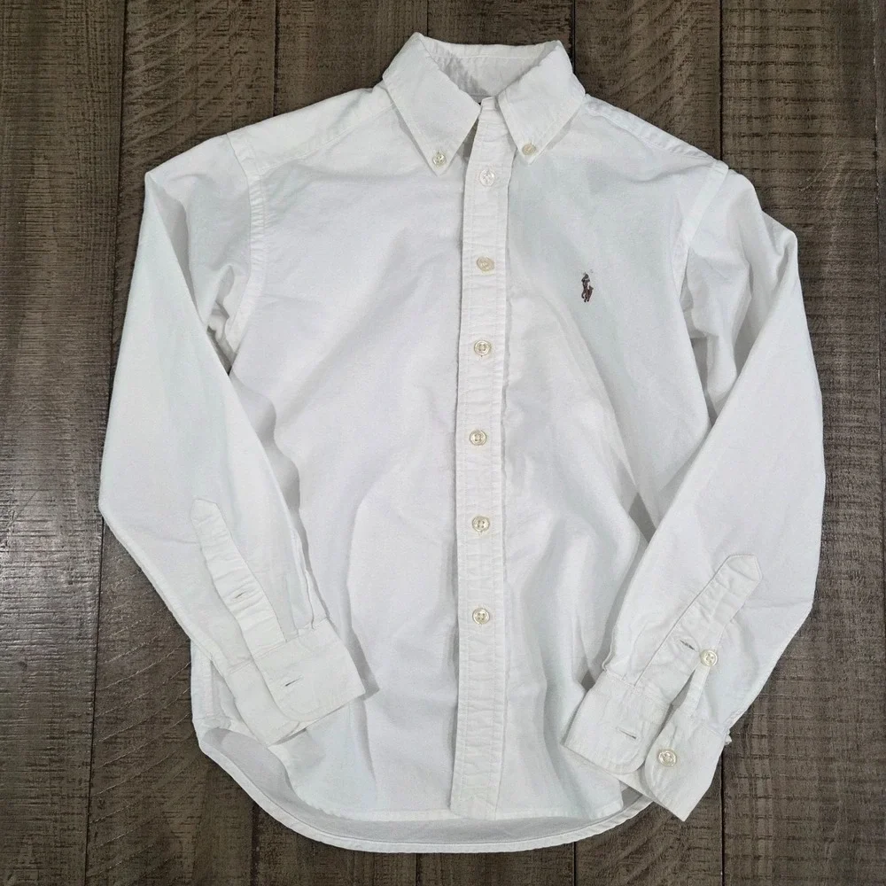 Ralph Lauren Boys Size 8 White Solid Cotton Button-Down Logo Long Sleeve Shirt